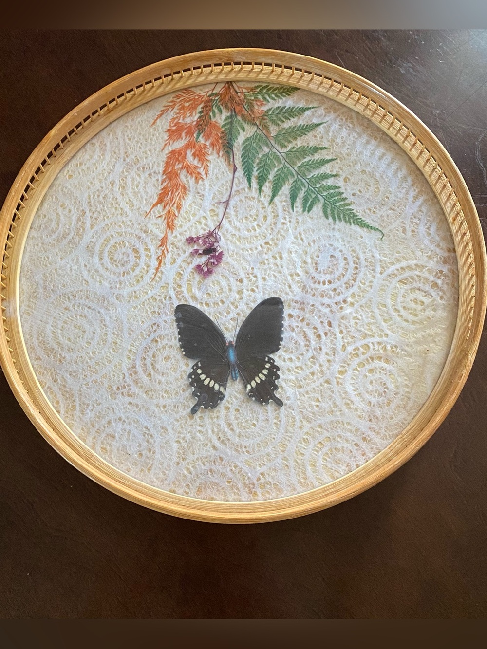 VTG 1970’s Whimsical Boho Rattan & Bamboo Butterfly & Floral Round Serving Tray